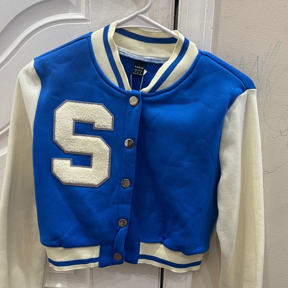 SHEIN Blue and White Kids Varsity Jacket